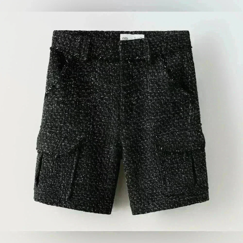 356. New Zara girls patterned weave shorts with pockets tweed sz 6T black/white